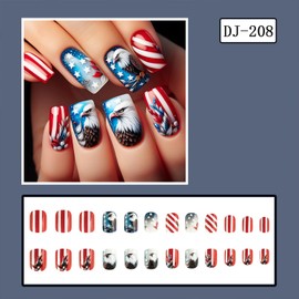 Independence Day Press on Nails Short Square Fake Nail with Red White Stripe Eagle Designs 4th of July Patriotic False Nails Acrylic Glue on Nail Full Cover Artificial Stick on Nail for Women 24 Pcs