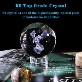3D Crystal Ball 60mm Engraved Dragon Gifts for Dragon Lovers Dragon Collectible Figurines Glass Ornaments Centrepiece with Crystal Stand Birthday Gifts for Women