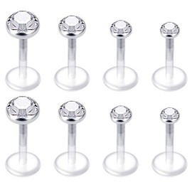 Mayhoop Pack of 8 Clear Lip Piercing Tragus Helix Earrings Labret Piercing Plug Flexible Acrylic 16G with CZ Opal Piercing Lip for Women Men 6 mm/8 mm/10 mm, Stainless Steel, 8 pieces - 8 mm - 2/3/4/5 mm Cz
