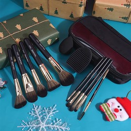 Brochas de Maquillaje Set 10 PCs Profesional Kit de Pinceles de Maquillaje Kabuki Sombra de Ojos Brocha Maquillaje con Esponja de Maquillaje (oro negro)