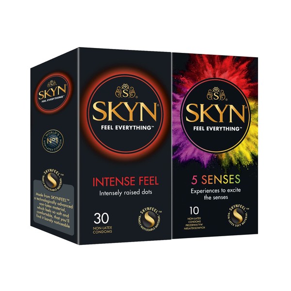SKYN Intense Feel Condoms (Pack of 30) & 5 Senses Condoms (5 Pieces) | Skynfeel Latex-Free Condoms for Men, Super Delicate, Extra Strong Nubs, Stimulating, 53 mm Width, Can be Used with Our Lubes