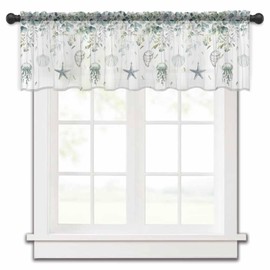 Coastal Eucalyptus Sheer Valance Curtains 12 Inch Length for Kitchen/Living Room/Bathroom/Bedroom Window,Starfish Jellyfish Shell Green White Rod Pocket Topper Half Short Window Curtains,42"x12"
