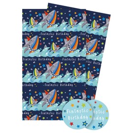 Abacus Cards Gift Wrapping Paper 12621A Birthday Sharks Gift Wrap Set with 2 Sheets and 2 Labels, Plastic-Free and Fully Recyclable, Multi-Colour