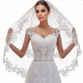 Roseeden Two Tie 2T Velo de encaje de boda para mujer, velo corto de tul suave con peine de metal, Marfil, Pencil Edge Length 25"+33" Width 59"