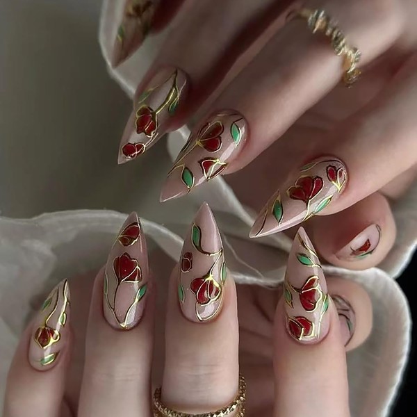 Flower 3D Press on Nails Almond Tip Acrylic Fake Nail
