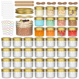 EkkoVla 4 oz Glass Mason Jars, 40 Pack Regular Mouth Mini Canning Jars for Caviar, Honey, Jam, Jelly, Body Butters, Spice, DIY Candle (Golden Lid and Bands)