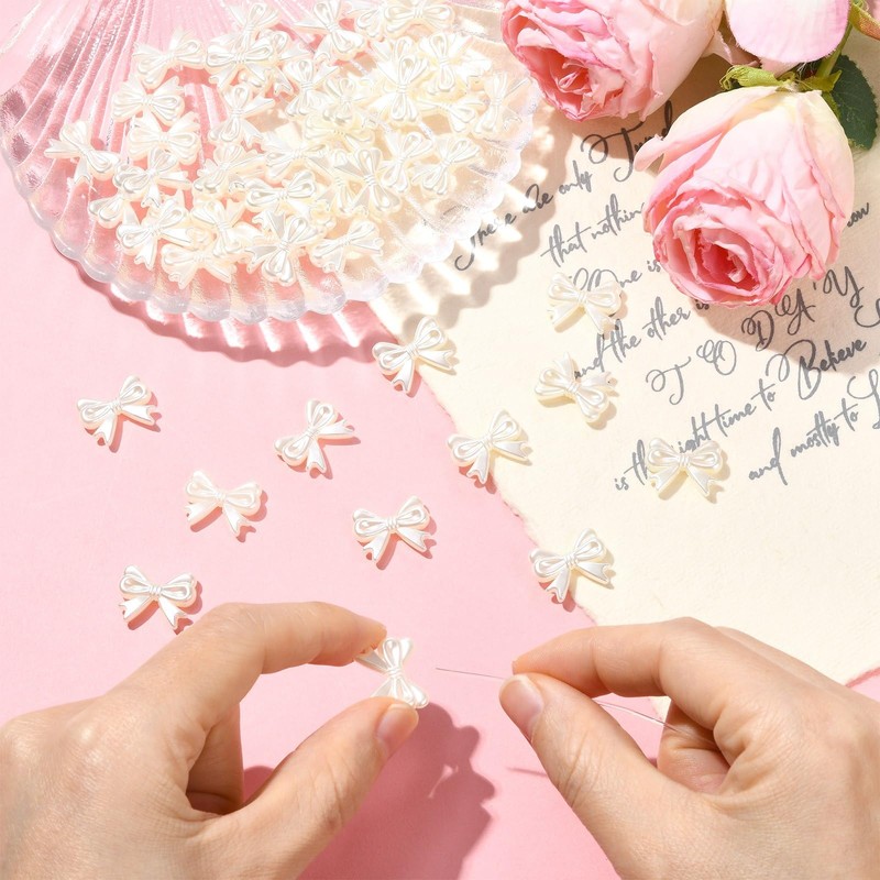 Ornazy 50Pcs White Imitation Pearl Aesthetic Spacer Beads Elegant Bow