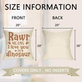 Ussap Dinosaur Rawr Means I Love You Home Decorative Throw Pillow Cover Set of 4, Inspirational Quote Cushion Case 20x20 for Boy Kid, Bedroom Nursery Sofa Couch Decor Dino Baby Shower Decoration Gifts