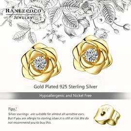 Yellow Gold Plated Sterling Silver Rose Flower Earring Studs, Hypoallergenic & Nickel Free Earrings for Women