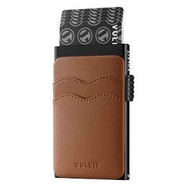 VULKIT Pop Up Card Holder Slim Wallet with Extra Leather Slots RFID Blocking Metal Minimalist Card Case for Men or Women