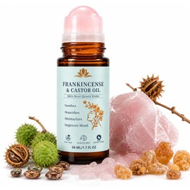 Castor Oil & Frankincense Roll on with Red Rose Quartz Eye Roller | Pure Cold Pressed Face Serum, For Dark Circles, Reduces Fine Lines, Wrinkles &