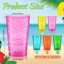 Qinyoung 15 Pcs Hawaiian Tiki Plastic Cups Bulk 14 oz Tiki Glasses for Cocktails Tiki Statue Drinking Cup for Summer Party Supplies