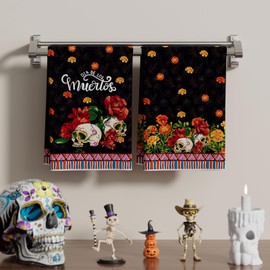XCHI Flowers Sugar Skull Dia De Los Muertos Marigolds Mexican Day of The Dead Kitchen Towels Dish Towels 18x26 Inch Home Kitchen Decorations Hand Towels Set of 2 Drying Dishcloth