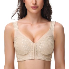 Arm Ma Front Closure Bra for Women Wireless Plus Size Posture Back Full Figure(Light Beige,36D)