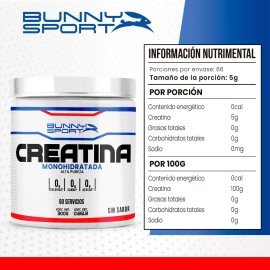 Creatina Monohidratada En Polvo Bunny 300g 60 Servicios Sin Sabor