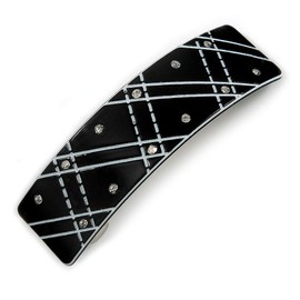 Black/White Acrylic Checked Pattern Crystal Barrette Hair Clip Grip In Silver Tone Metal - 80mm Long
