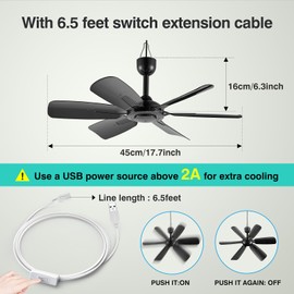 lolobaer 17.7-inch Portable USB Hanging Fan with 6 Blades, Indoor/Outdoor Use for RV, Camping, and Canopy, Quiet Operation，Fan with on/off buttons (with on/off buttons)