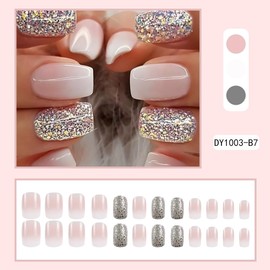 Nude Gradient White Glitter Fake Nails Press On Nails Medium Short Coffin Square,Glossy with Designs Full Cover Acrylic Glue on Nails Short Square False Nails Thick French Tip Stick on Nails for Women 24Pcs DY1003-B7
