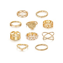 14K Gold Stackable Ring Set, Dainty Pearl Crystal Enamel Minimalist Knuckle Rings, Trendy Statement Jewelry for Women (10Pcs)