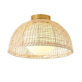 Aiwen 16.54 inch Modern Flush Mount Ceiling Light, Handwoven Close to Ceiling Light with Rattan Wicker and Glass Shade, Farmhouse Boho Style Fixture for Bedroom, Kitchen, Hallway, Entryway