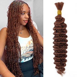 28 Inch 50g Human Braiding Hair 1 Bundles/Pack Deep Wave Bulk Human Braiding Hair for Boho Braids Wet and Wavy Brown Braiding Hair #30 Color No Weft Micro Braiding Hair Human Hair Extensions