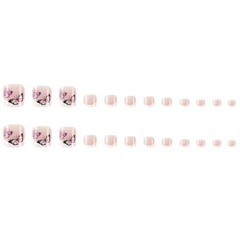 Press on Toenails Butterfly Fake Toe Nails French Tip False Toenails Glossy Full Cover Acrylic Glue on Toenails with Designs Toe Press on Nails Artificial Stick on Toenails for Women Manicure 24Pcs