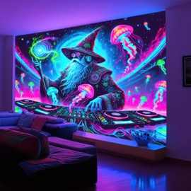 BlissYard Wizard Blacklight DJ Tapestry 78x59 inch UV Reactive Black Light Music Glow in The Dark Poster Hippie Wall UV Tapestry for Bedroom Decoration Living Room Artwork Home Room Party Backdrop