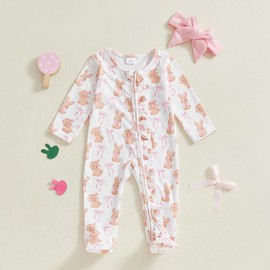 Newborn Baby Girl Easter Outfit Long Sleeve Bunny Bear Bow Print Frill Zipper Romper Jumpsuit Footies Spring Fall Clothes (White, Newborn)
