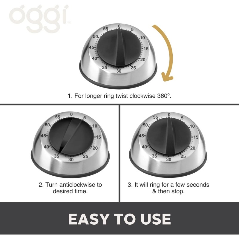 OGGI Countdown 60-Minute Kitchen Cooking Baking Timer Stainless Steel