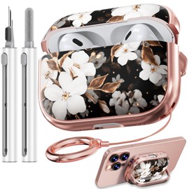 with Safety Lock for AirPods Pro Case, Flowers Cute AirPod Pro Case for Women Girls with Cleaner Kit - Black Gold