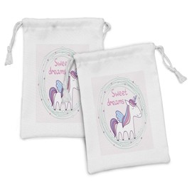 Ambesonne Saying Fabric Pouch Set of 2, Unicorn Hand Drawn Circles Dots and Stars Theme, Small Drawstring Bag for Toiletries Masks and Favors, 9" x 6", Multicolor