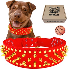 teemerryca Sturdy Wide Red PU Leather Gold Spiked Dog Collars with a Squeak Ball for Medium Large Breed Girl Boy Pet, Pit Bulls/Bulldog/Boxer/Doberman, Protect Dog's Neck from Attack, S(17"-20")