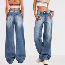 Women's Low Rise Baggy Jeans Washed Straight Wide Leg Denim Pants Casual Loose Boyfriend Jean Streewear Trousers Blue