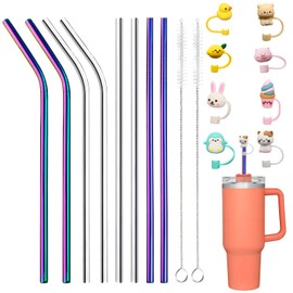 Bogoro Pack of 8 Stainless Steel Straws, 8 Straw Covers, 30 cm, Reusable Drinking Straws, Stainless Steel with 2 Cleaning Brushes, Stainless Steel Metal Straw, Reusable