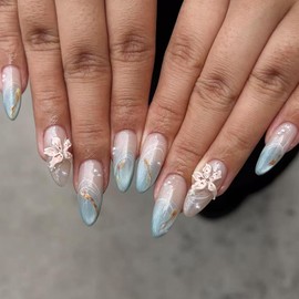 24Pcs Summer Press on Nails Medium Almond Fake Nails Blue Gradient False Nails with Pearl Flower Design Full Cover Glitter Artificial Nails Cute Goldfish Stick on Nails Summer Glue on Nails for Women