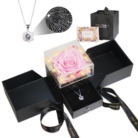 Preserved Red Real Rose Flowers with I Love You Necklace Eternal Flowers Unique Gift for Women Her Mom Wife Girlfriend Grandma on Valentines Mothers Day, Birthday, Christmas Anniversary (Pink)