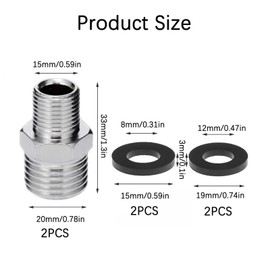 2PCS Stainless Steel Shower Hose Connectors 1/2" BSP Male to 3/8" BSP Male Reducing Nipple with Rubber Gaskets Universal Shower Hose Adapter for Air Hoses Water Pipes Shower Hoses