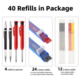 36pcs Carpenter pencil, mechanical Carpenter Pencils Kit with 2pcs Carpentry Mechanical Pencil 2pcs deep hole pencil Built-in Sharpener 32pcs 2/2.8mm Refills for Mark Draw men Valentines Gift (Red)