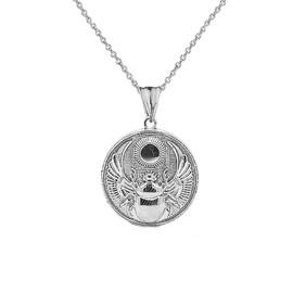 Fine Sterling Silver Ancient Egyptian Scarab Beetle and Sun Disc Charm Pendant Necklace, Sterling Silver, No Gemstone