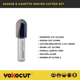 YOKOCUT Radius & Cavetto Router Cutter Bit, 1/2 Inch Shank, 9.5mm Radius and 73mm Overall Length, Tungsten Carbide Tipped Router Bit (Radius 9.5MM RAD - 32MM CUT - 1/2 SHANK)