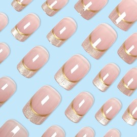 French False Nails,Light Pink Glitter False Nails, 24PCS Square French Press on Nails with Jelly Glue,Acrylic Full Cover Nails Women Girls Nail Art Accessories (Glitter,Gold,Light Pink, One Size)