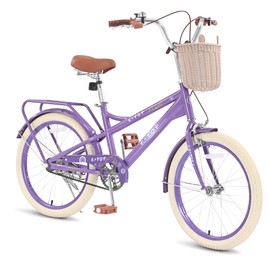 20 Inch Girls Bike Kids Bicycle with Basket, Girls Bikes Ages 8-12, Single Speed Kids Bikes with Kickstand, Kid Beach Cruiser Bike, Adjustable Seat, Multiple Colors (Purple)