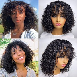 Pizazz 9A Kinky Curly Human Hair Wigs with Bangs for Black Women 150% Density Glueless Machine Made Half Lace Front Wigs Human Hair Natural Color (24'', Curly Wig)