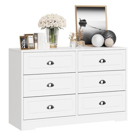 Walsunny Farmhouse Dresser for Bedroom with 6 Drawers, Wood Storage Cabinet Clothes Organizer Furniture for Living Room, Entryway, White Pantry - Color: White