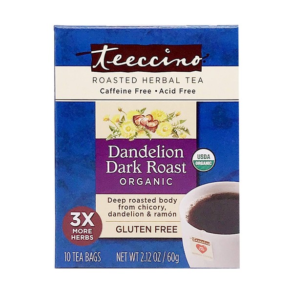 Teeccino Dandelion Tea – Dark Roast - Roasted Herbal Tea | Organic Roasted Dandelion Root | Prebiotic | Caffeine Free | Gluten Free | Acid Free | Coffee Alternative, 10 Tea Bags