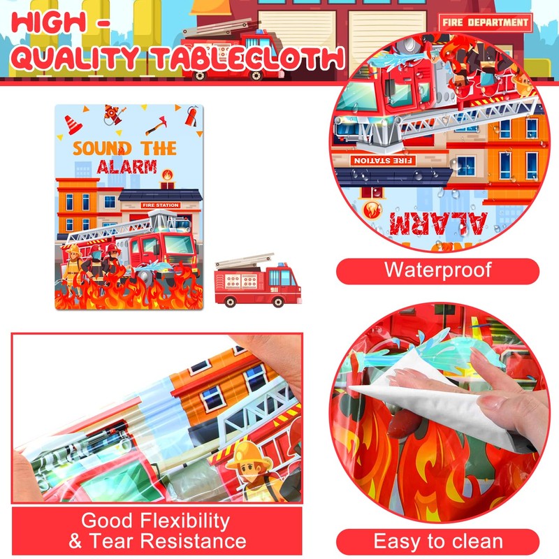 Fire Truck Tablecloth, 3 Pcs Firefighter Party Tablecloth Set -