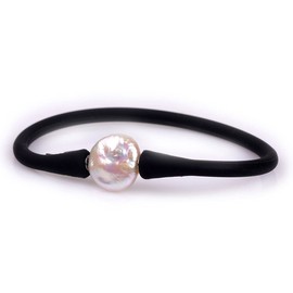 Joe Foreman 13mm Real Coin Pearl Bridesmaid Black Stackable Silicone Rubber Stretch Freshwater Cultured Pearl Jewelry Bracelets for Women 7"