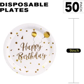 EVYIENEN 50PCS Happy Birthday Party Paper Plates，7inch Disposable White and Gold Plates Set，Party Tableware Party Supplies for Birthday Decorations (White and Gold, 9inch)