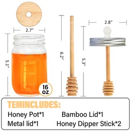 GIVAMEIHF 16oz Glass Honey Jar with Dippers Stick Set,Honey Pot with Dipper and Lid,Honey Containers for Airtight Syrup Dispenser for Home Kitchen
