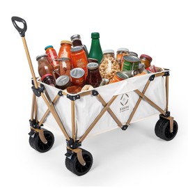S'more Collapsible Folding Wagon Cart with Big All-Terrain Wheels, Heavy Duty Foldable Beach Cart with Brakes, Utility Grocery Wagon for Camping Garden Shopping Outdoor Sports, Beige